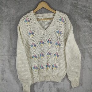 Sears Sweater Womens Large‎ Multicolor V Neck  Chunky Popcorn Knit 100% Acrylic